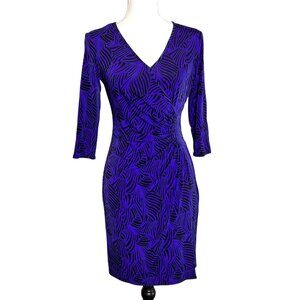 Laundry By Design Blue Black Wrap Dress Ruched V-neck 3/4 Sleeve Sheath Small